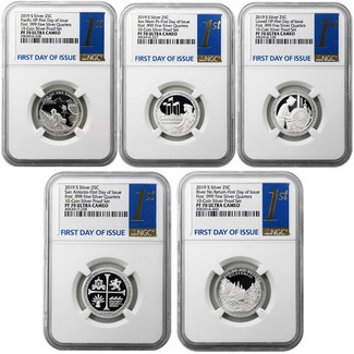 2019 S First .999 Silver ATB 5 PC Quarter Set NGC PF70 Ultra Cameo First Day Issue 1st Label