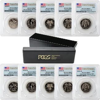 2020 P & D America the Beautiful 10-Coin Uncirculated Quarter Set PCGS MS67 First Strike Flag Label