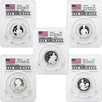 2025 S Silver Proof American Women Quarters 5pc Set PCGS PR70 DCAM Made in the USA Holder
