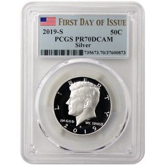 2019 S First .999 Silver Kennedy Half Dollar PCGS PR70 DCAM First Day Issue Flag Label