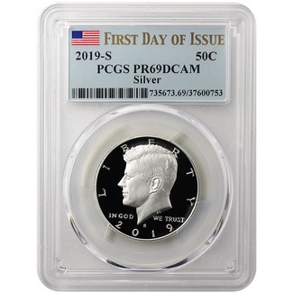 2019 S First .999 Silver Kennedy Half Dollar PCGS PR69 DCAM First Day Issue Flag Label