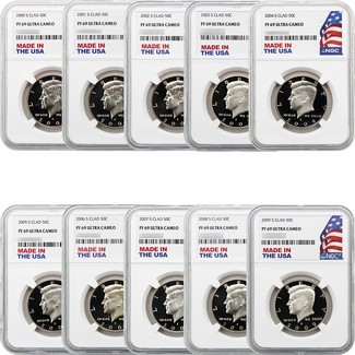 2000-2009 S Clad Proof Kennedy Half Dollar Set  NGC PF69 UC Made in the USA Holder 10 Coins