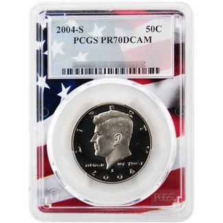 2004 S Clad Proof Kennedy Half Dollar PCGS PR70 DCAM Flag Picture Frame