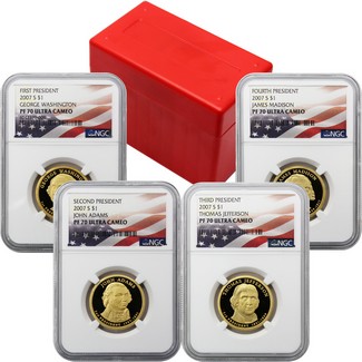 2007 S Proof Presidential Dollar 4-Coin Set NGC PF70 Ultra Cameo Flag Labels