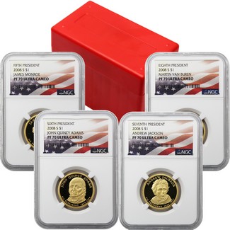 2008 S Proof Presidential Dollar 4-Coin Set NGC PF70 Ultra Cameo Flag Labels.