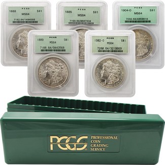 5 Different Morgan Dollars PCGS MS64 Green 2nd Generation Label
