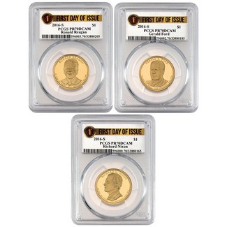 2016 S Proof Presidential Dollar 3-Coin Set PCGS PR70 DCAM 1st Day of Issue