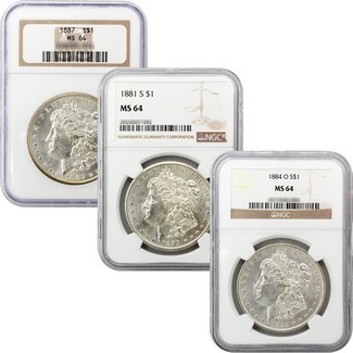 3 Different Pre 1921 Morgan Dollars NGC MS64