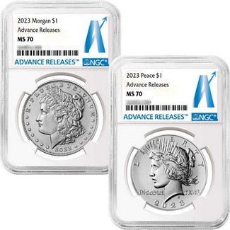 2023 Morgan and Peace Silver Dollar Set NGC MS70 Advance Releases AR Label