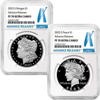 2023 S Proof Morgan and Peace Silver Dollar Set NGC PF70 UC Advance Releases AR Label