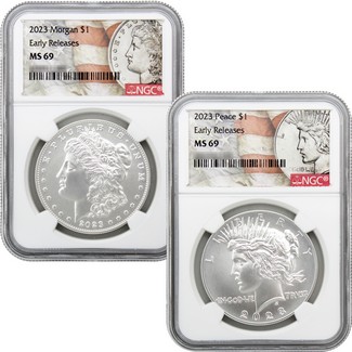2023 Morgan and Peace Silver Dollar Set NGC MS69 Early Releases Morgan/Flag & Peace/Flag Labels