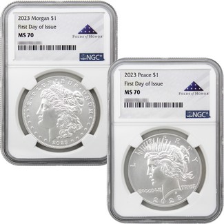 2023 Morgan & Peace Silver Dollar Set NGC MS70 First Day Issue Folds of Honor Label POP=75