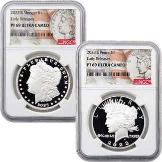 2023 S Morgan & Peace Silver Dollar Set NGC PF69 UC ER TCV's Excl. Morgan/Flag & Peace/Flag Labels