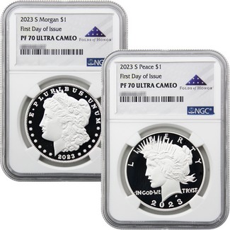 2023 S Proof Morgan & Peace Silver Dollar Set NGC PF70 UC FDI Folds of Honor Label POP=50