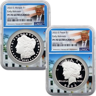 2023 S Proof Morgan & Peace Silver Dollar Set NGC PF70 UC ER White House Core Trump Label