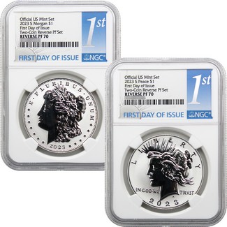 2023S Reverse Proof Morgan and Peace Dollar 2pc Set NGC Reverse PF70 FDI 1st Label