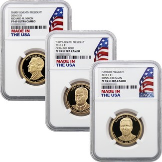 2016 S Proof Presidential Dollar 3-Coin Set NGC PF69 Ultra Cameo Made in the USA Holder