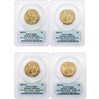 2007 P&D Thomas Jefferson Presidential Dollar 4 Coin Set PCGS MS66 FDI Position A&B