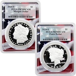 2024 S Proof Morgan and Peace Silver Dollar Set PCGS PR70 DCAM Flag Picture Frame