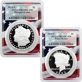 2025 S Proof Morgan and Peace Silver Dollar Set PCGS PR70 DCAM Flag Picture Frame