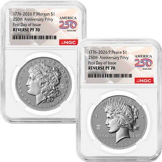 1776-2026 Reverse Proof Morgan & Peace Silver Dollar Set 250th Anniversary Liberty Bell Privy NGC PF70 FDI America 250 Label