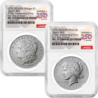 1776-2026 (W) Enhanced Uncirculated Morgan and Peace Silver Dollar Set 250th Anniversary Liberty Bell Privy NGC MS70 FDI America 250 Label