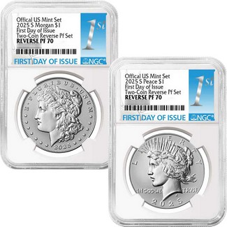 2025 S Reverse Proof Morgan and Peace Silver Dollar Set NGC PF70 FDI 1st Label