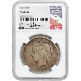 1934 S Peace Dollar NGC Circulated Condition Thomas J. Uram Signed