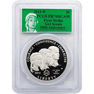 2013 W Proof Girl Scouts Centennial Commem Silver Dollar PCGS PR70 FS Green Girl Scouts Label