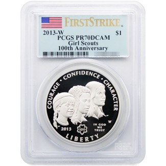 2013 W Proof Girl Scouts Centennial Commem Silver Dollar PCGS PR70 FS Flag Label