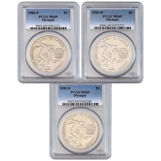 1983 Olympic Silver Dollar P D & S Set PCGS MS69