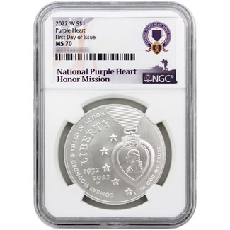 2022 W UNC Dollar Purple Heart Commem NGC MS 70 FDI National Purple Heart Honor Mission Label