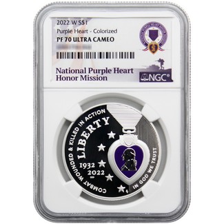 2022 W Proof Colorized Silver Dollar Purple Heart Commem NGC PF70 UC National Purple Heart Label