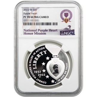 2022 W Proof Silver Dollar Purple Heart Commem NGC PF70 UC National Purple Heart Label