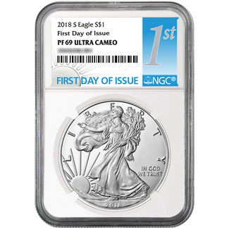 2018 S Proof Silver Eagle NGC PF69 UC 1st Day Issue Label White Core