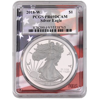 2018 W Proof Silver Eagle PCGS PR69 DCAM Flag Picture Frame