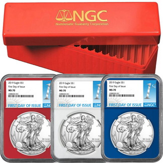 2019 Red, White, & Blue Silver Eagle Set NGC MS70 First Day Issue