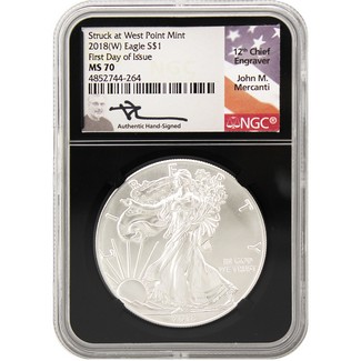 2018 (W) Silver Eagle Struck at West Point NGC MS70 First Day of Issue Black Core Mercanti Signed