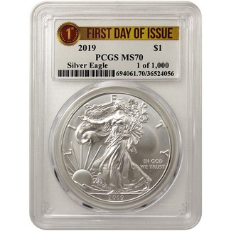 2019 Silver Eagle PCGS MS70 First Day Issue 1 of 1000 Label