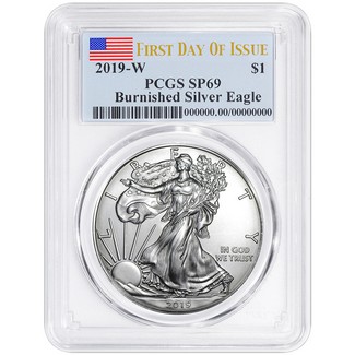 2019 W Burnished Silver Eagle PCGS SP69 First Day Issue Flag Label
