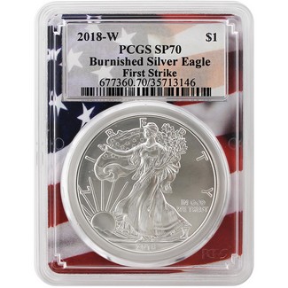 2018 W Burnished Silver Eagle PCGS SP70 First Strike Flag Picture Frame