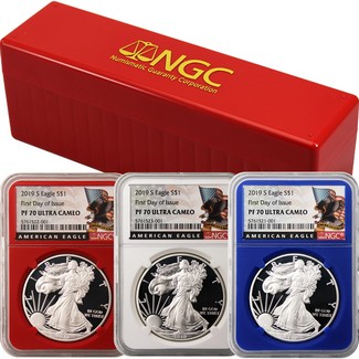 2019 S Red, White & Blue Proof Silver Eagles NGC PF70 Ultra Cameo First Day Issue Black Eagle Label