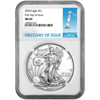 2020 Silver Eagle NGC MS69 First Day Issue White Core 1st Label
