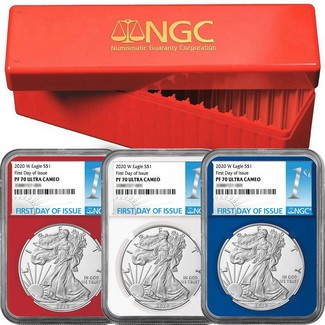 2020 W Red, White, & Blue Proof Silver Eagle Set NGC PF70 Ultra Cameo First Day Issue 1st Label