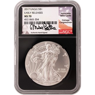 2017 Silver Eagle NGC MS70 Early Releases Black Core Mike Castle Signed