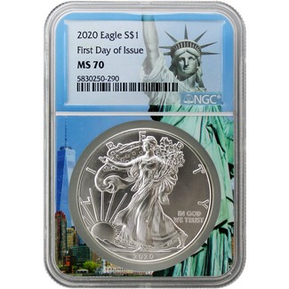 2020 Silver Eagle NGC MS70 First Day Issue Statue of Liberty Core