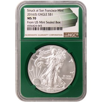 2016 (S) Struck at San Francisco Mint Silver Eagle NGC MS70 Green Core Holder