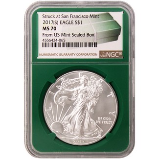 2017 (S) Struck at San Francisco Mint Silver Eagle NGC MS70 Green Core Holder