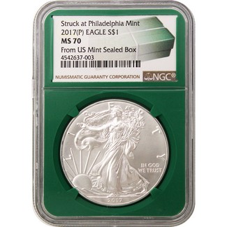 2017 (P) Struck at Philadelphia Mint Silver Eagle NGC MS70 Green Core Holder