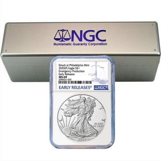 2020 (P) Struck at Philly Silver Eagle 'Emergency Production' NGC MS69 ER Blue Label (20 count)